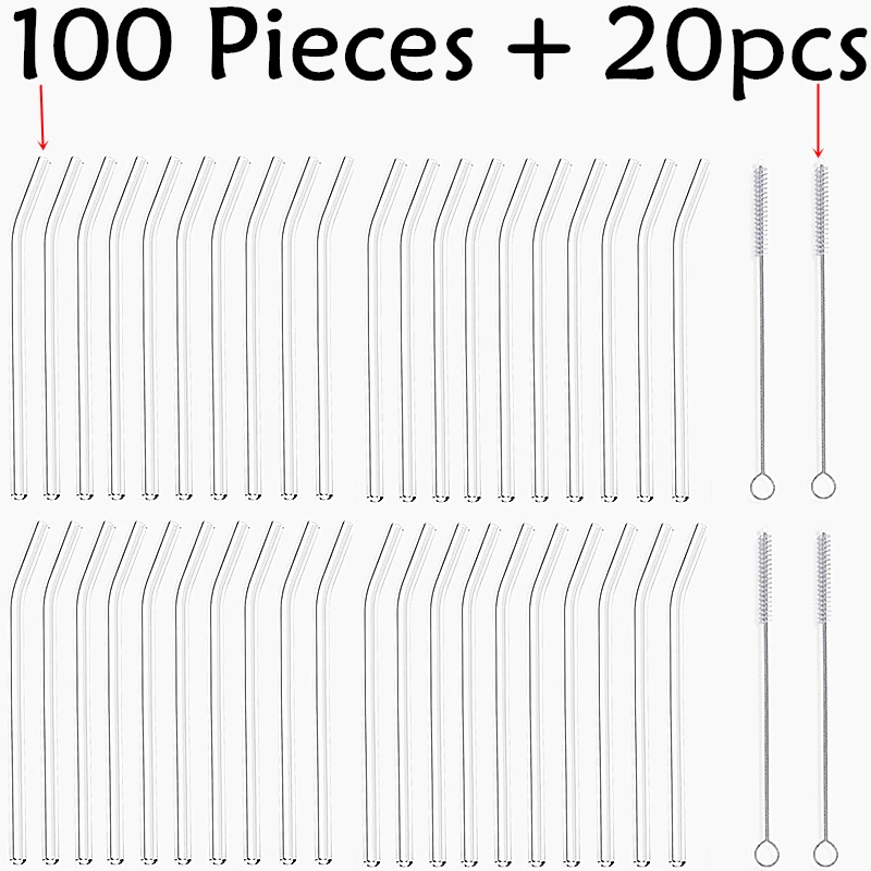 

100Pcs Heat-Resisting Glass Straw Reusable Drinking Glass Straws 20cmx8 mm Tea, Juice -10Pack With 20Pcs Cleaning Brush Bar Tool