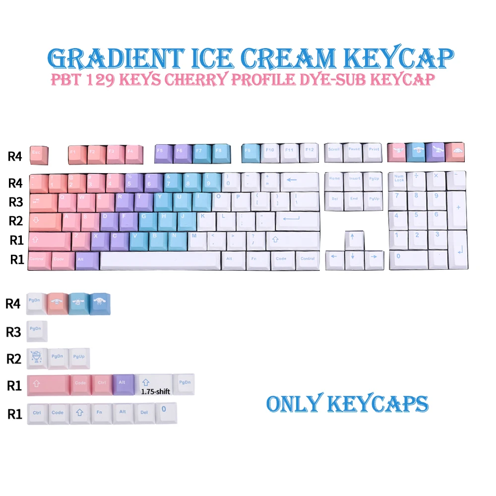 

129 Keys PBT DYE-SUB Keycap Cherry Profile Personalized Rainbow Gradient Keycaps For Cherry MX Switch 64 68 Mechanical Keyboard