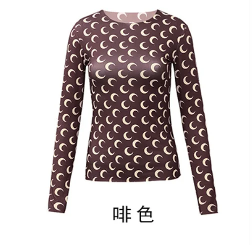 Ice Silk Crescent Moon Print Bodycon T-shirt Slim Top 2021 Summer Women's Round Neck Long Sleeve Tight T-shirt Brown
