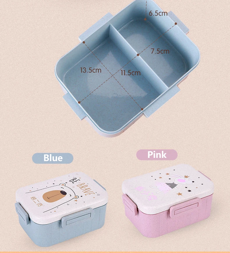 Розовый/синий мультфильм шаблон Ланч-бокс посуда Эко-дружественных портативный пластик Microwavable столовая посуда набор Bento box контейнер для еды