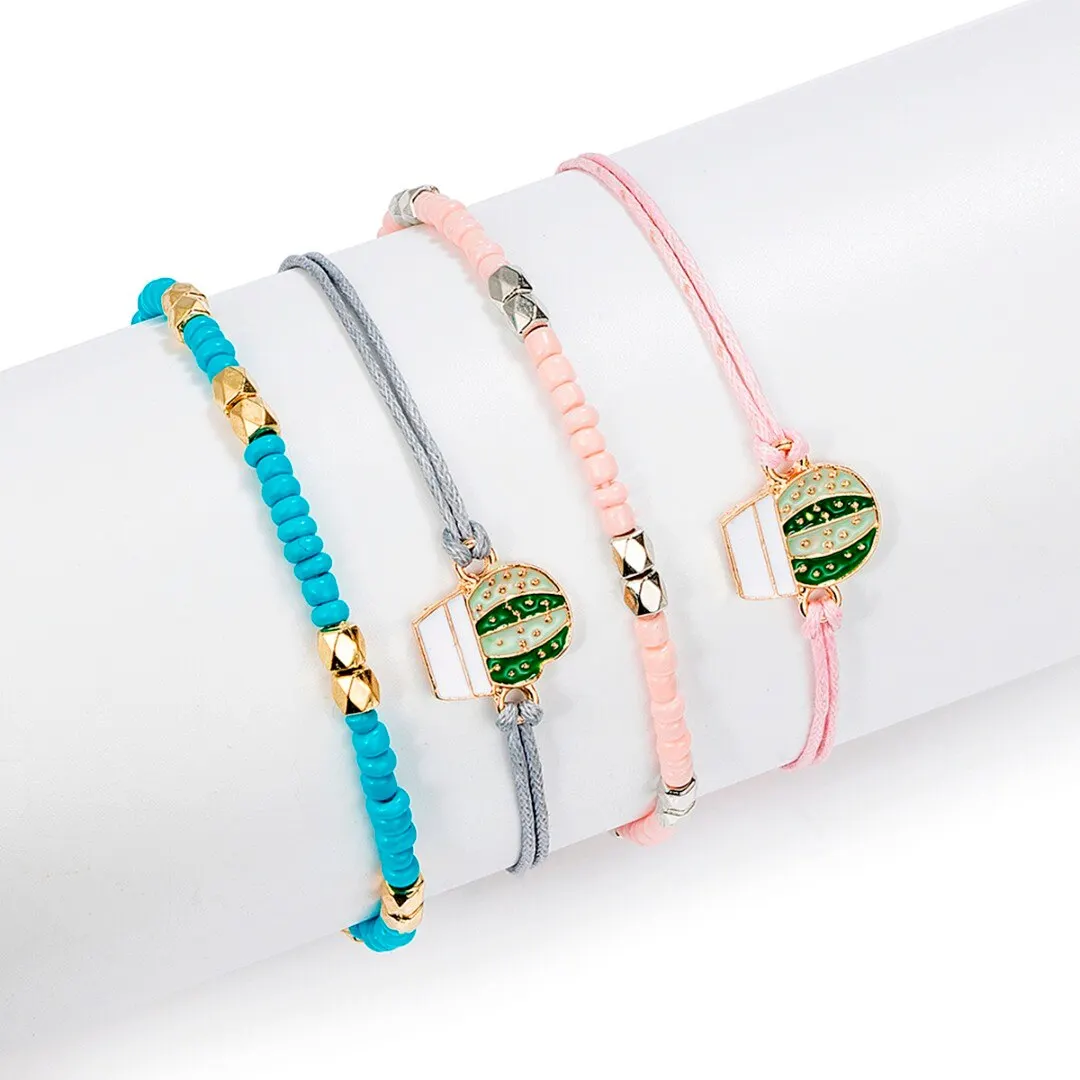 4pcs/set New Cartoon Cute Metal Cactus Rope Chain Charm Bracelet For Women Bohemian Jewelry Statement Beaded Anklet Bangle Gift