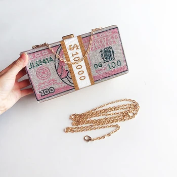 

Stack of Cash Crystals Women Money Evening Clutch Bags Diamond Painting Chain Wedding Dinner Purses and Handbags Luxury Designer
