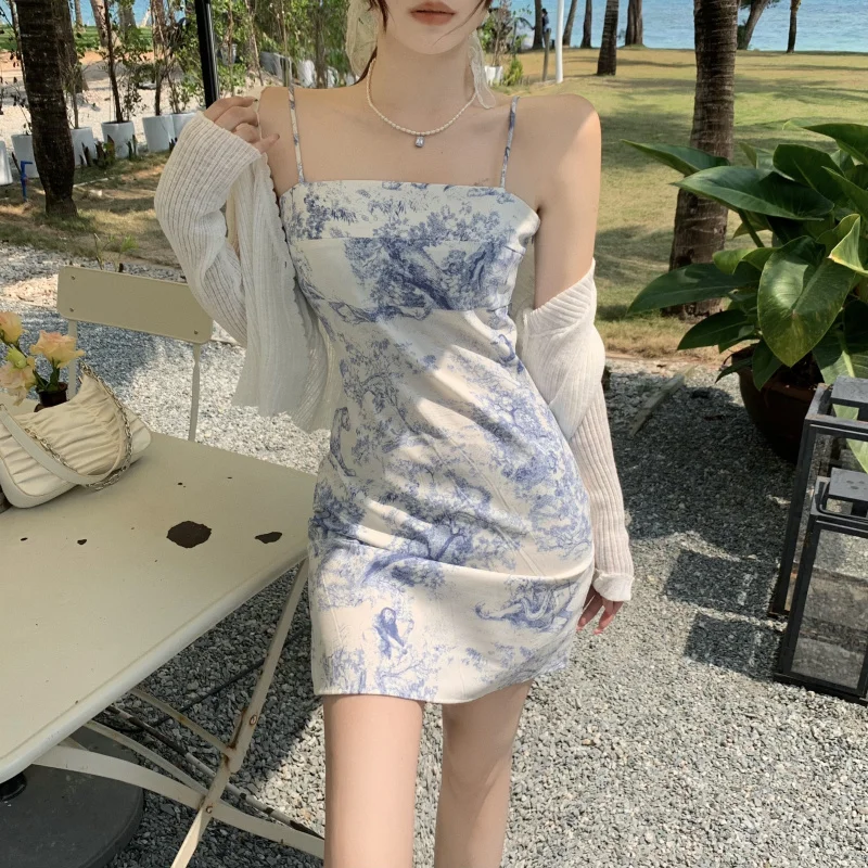 Summer New Inner Wear Waist Slimming Tie-Dyed Strap Dress for Women + Long Sleeve Knitted Cardigan Sun Protection Top Fashion | Женская