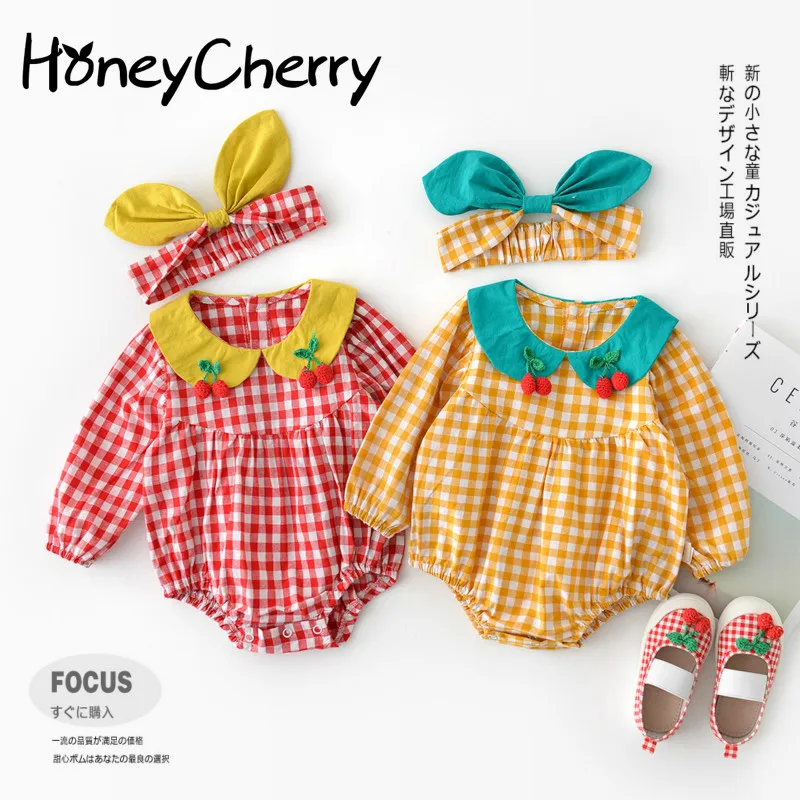 

Baby Girl Romper Climbing clothes infant autumn paragraph of plaid doll collar cherry Romper send bow hair bands(no sock&shoe)