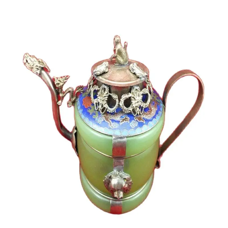 Chinese old Tibetan silver Dragon Lion Green jade Cloisonne teapot Monkey cover 