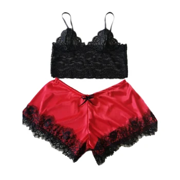 

2 PCS Women Fashion Pajamas Set Ice Silk Lace Nightwear Sleepwear