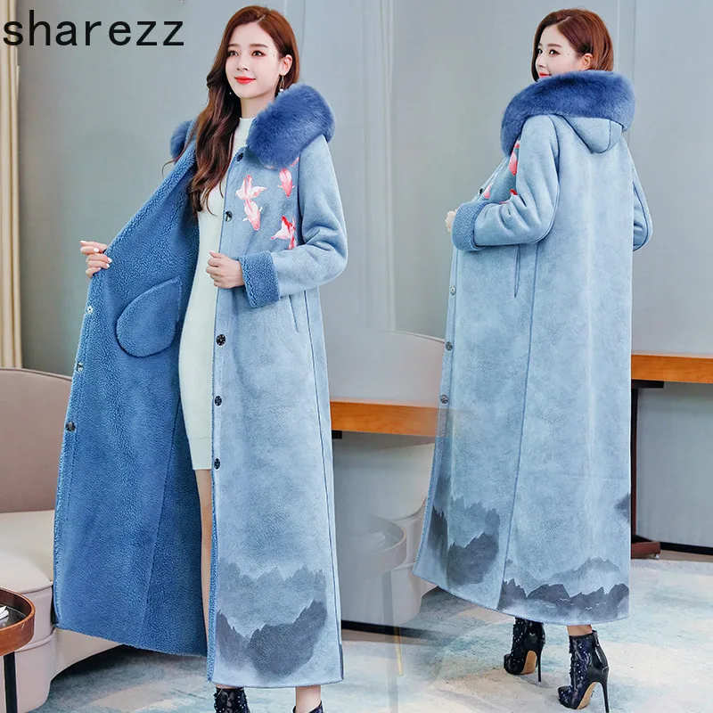

2019 X-long Winter Retro Print Plus Velvet Thicken Big Fur Collar Hooded Deerskin Suede Autumn Winter Faux Leather Coat