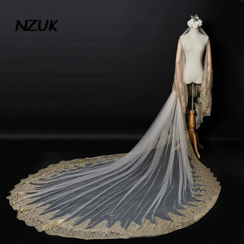NZUK Gold Lace Edge Bridal Veil Luxury Two Layer Cathedral Wedding Veils  Long velos de novia Wedding Accessories