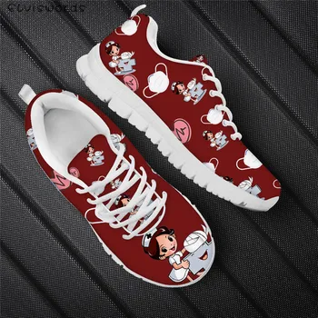 

ELVISWORDS New Fashion Women Casual Flats Cartoon Medical Nurse Print Breathable Mesh Sneakers Teenager Girls Red Running Shoes