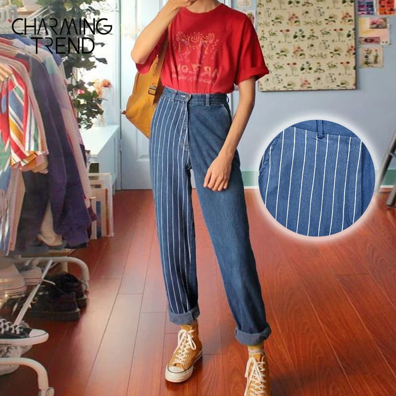 Винтажные полосатые женские джинсовые брюки Charmingtrend прямые с высокой талией