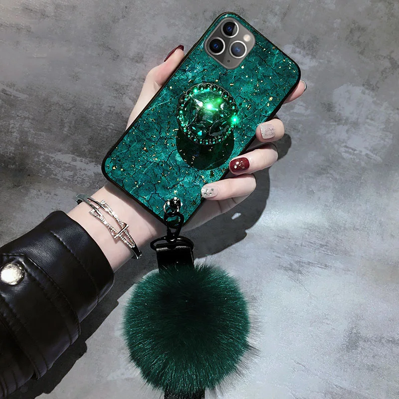 Luxury Diamond Cute Hair Ball Lanyard Bracket Soft Case For iphone X XR XS 11 pro MAX 7 8 6S plus 3D Bling Crystal Holder Cover - Цвет: Green 5