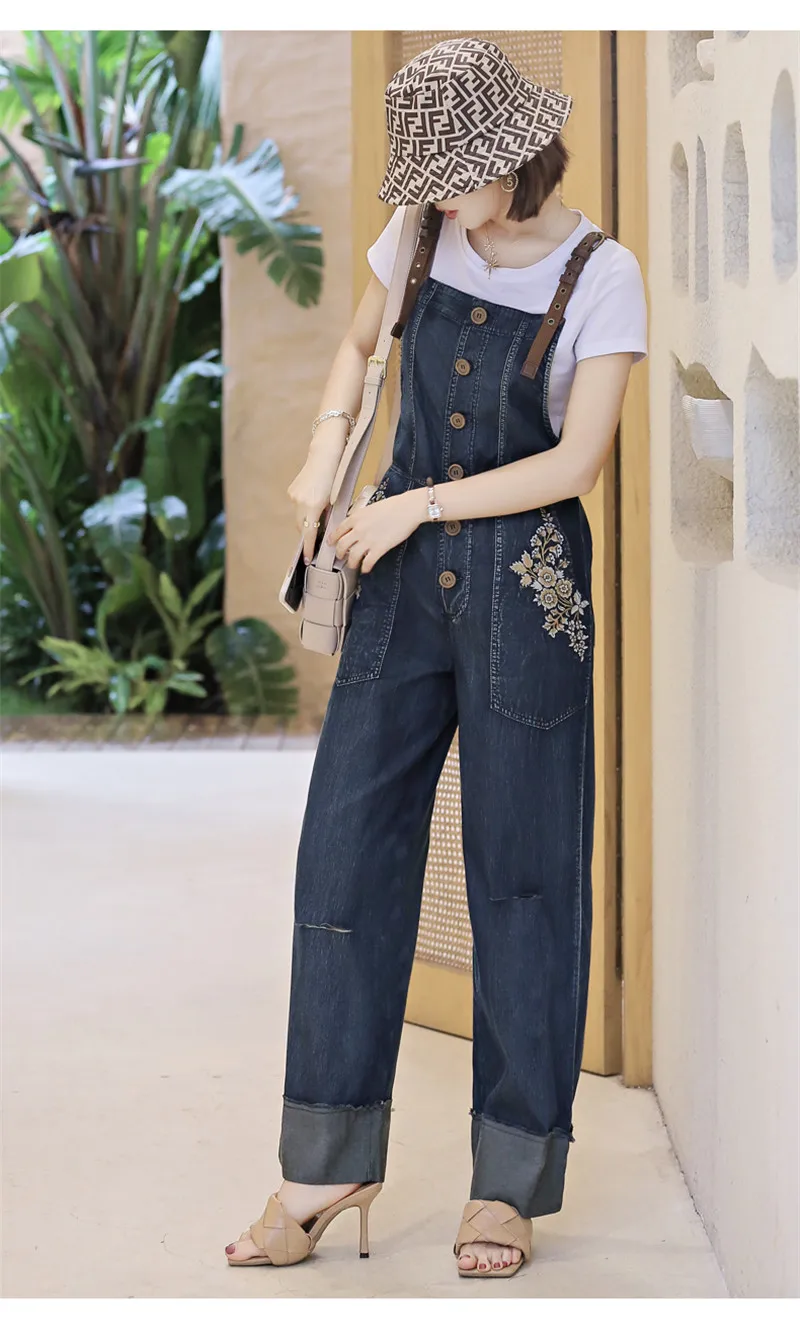 Summer Women Denim Jumpsuit 2020 Vintage Single Breasted Bodysuit Adjustable Shoulder Flower Embroidery Pockets Jumpsuits (7)