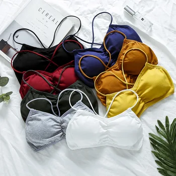 

Cotton Bras Back Cross with Chest Pad Wrap-around Thin Strap Beauty Back Anti-Exposure Strapless Bra Base Underwear Female