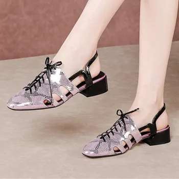 

2020 New low Heels Sandals Women Summer Genuine Leather Shoes Woman Retro lace up Wedding Party Shoes