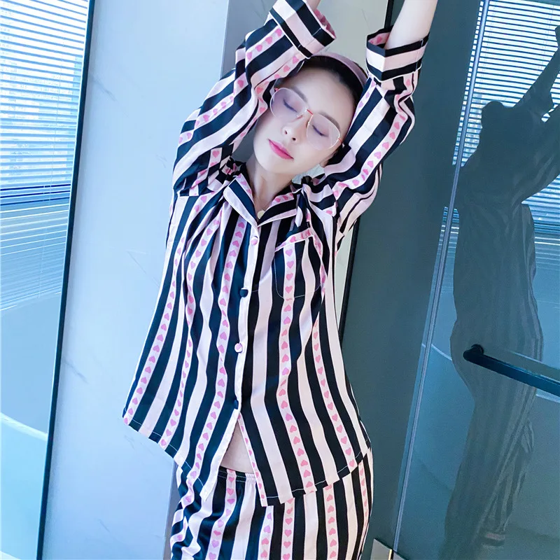 

Ice Silk Pajamas Women's Long Sleeve Sweet Striped Pajamas Ins Home Clothes Cardigan