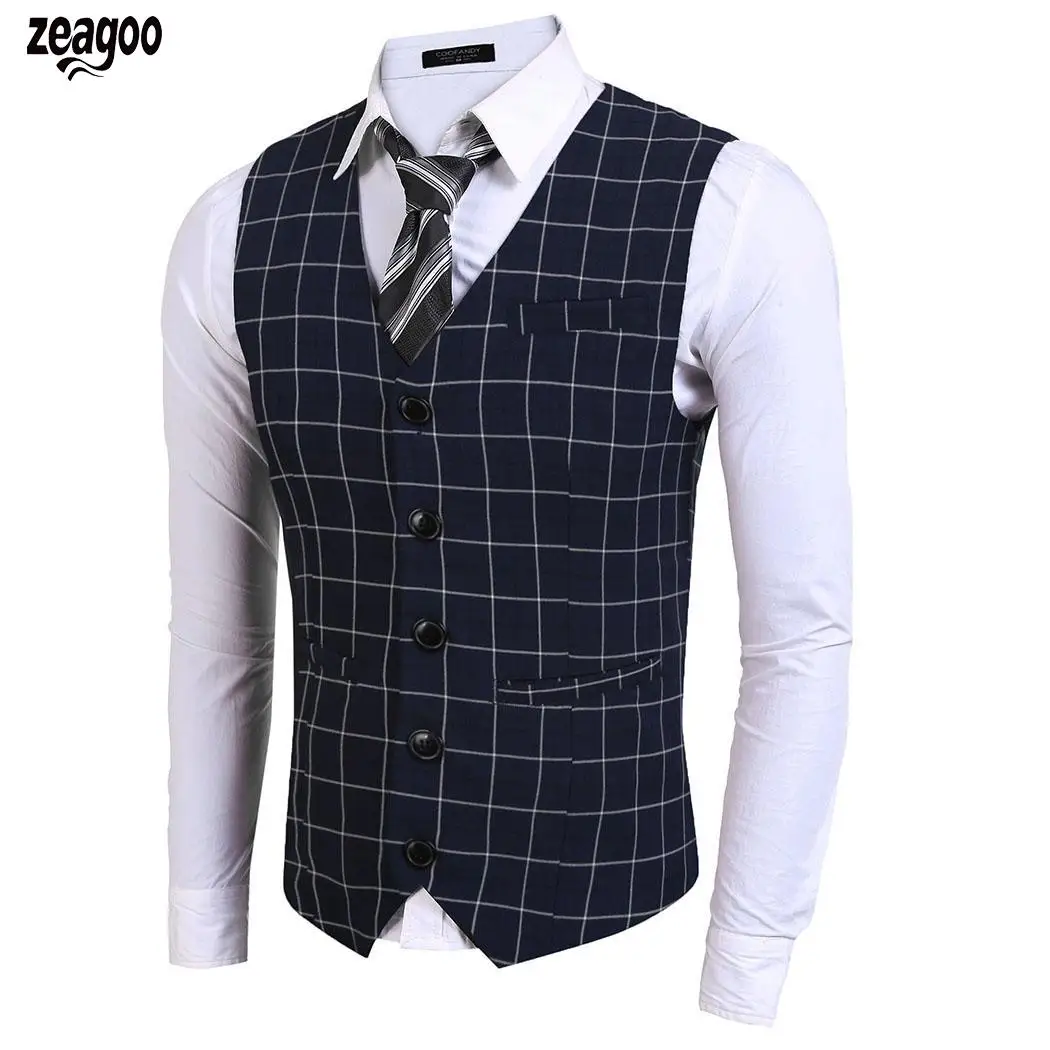Для мужчин однобортное пальто на пуговицах клетчатые Slim Fit Повседневное, весна, лето, Осень Бизнес жилет с карманами жилет Regular