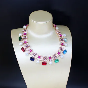 

New Fashion Women's big multi color cubic zircon and pearl necklaces Ladies rose gold color party Fine Jewellery