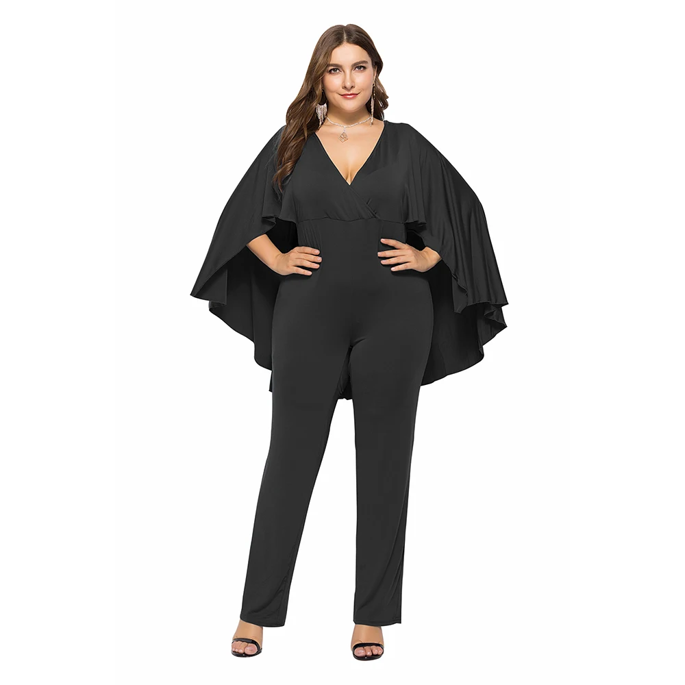 Woman Large Big Size Trendy Solid V-neck Jumpsuits Plus Casual Elegant Bodycon Ladies Playsuits Retro Cloak Sleeve Clothes | Женская