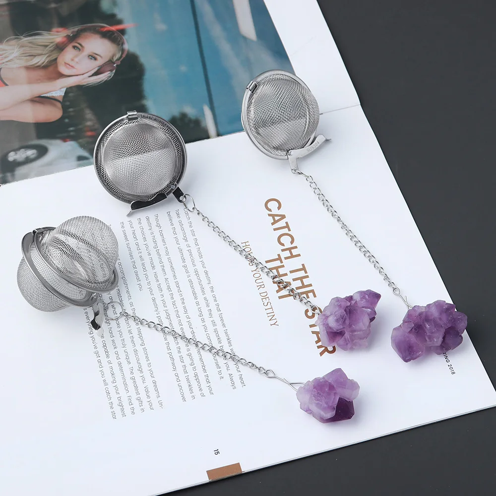 Natural Crystal Amethyst tooth flower Tea filter accessories decoration 304 stainless steel tea making tools gifts