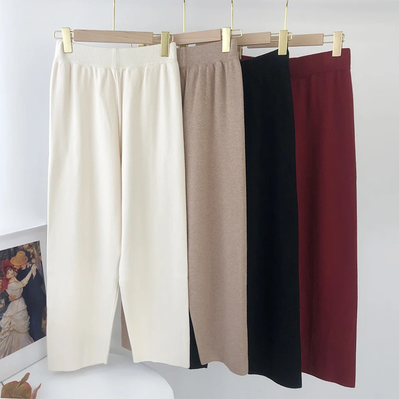 Aachoae Loose Solid Knitted Pants Women Elastic Waist Casual Lady Pants Pleated Leisure Home Wear Long Pants Female Pantalon
