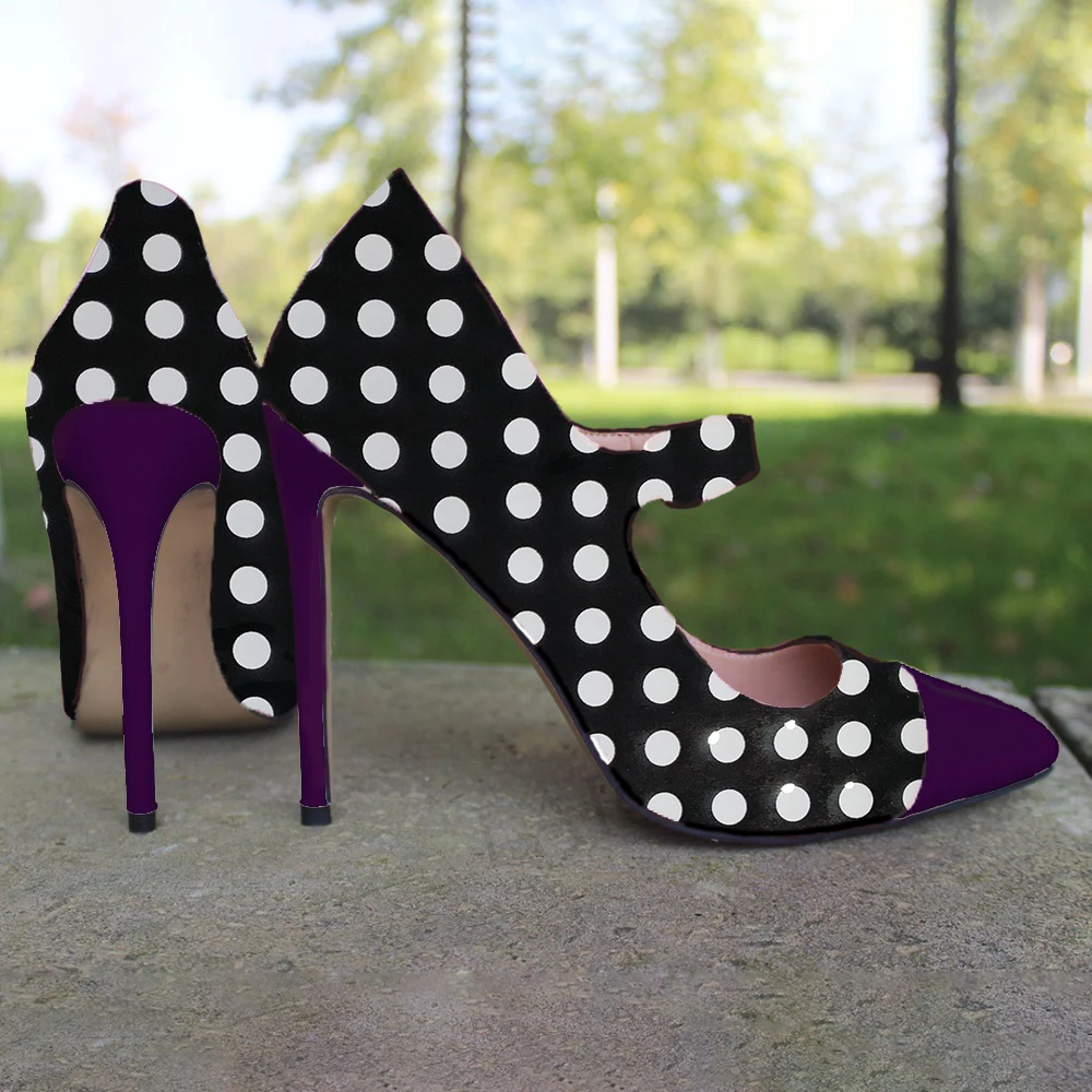 LAIGZEM/Лоскутные женские туфли-лодочки в горошек на каблуке туфли для вечеринки в стиле Мэри Джейн женская обувь; Zapatos Talon Femme; большие размеры 45, 46, 47 - Цвет: Dark Purple