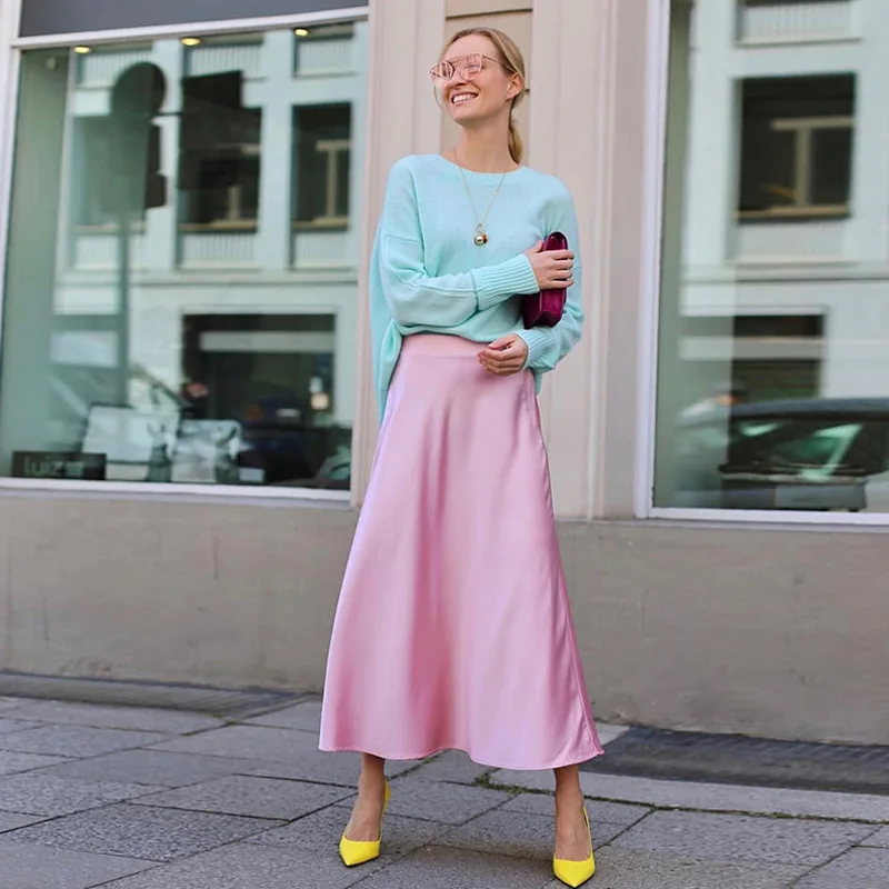 

Tutu Real Polyester Empire A-line None Mid-calf Saia Women's New Solid Color Silk Texture High Waist Simple Slim Skirt 2019