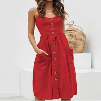 

Simplee élégant bouton femmes robe poche à pois jaune coton robe midi été décontracté femme grande taille dame plage vestidos