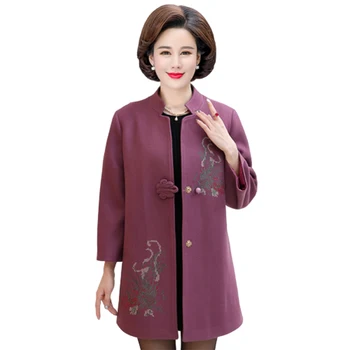 

Plus size Autumn Winter Jacket Women Embroidered Woolen coats Womens Stand collar Casual Long Woolen coats Overcoat 5XL FF1128