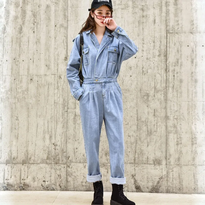 light blue Бойфренд стиль женские джинсы брюки карго с длинным рукавом цельный комбинезон Повседневный Свободный комбинезон уличная джинсовая Комбинезоны - Цвет: light blue