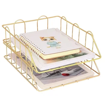 

Office Supplies Metal Stackable File ID Tray Storage Box, Desk, Gold