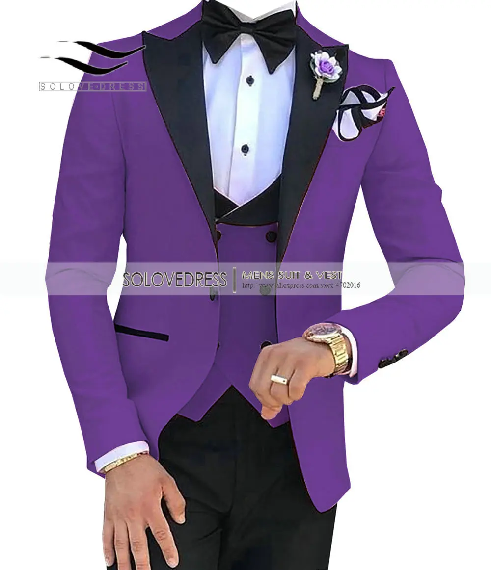 Розовый мужской костюм из 3 предметов, повседневный однотонный приталенный смокинг с отворотом, двубортный жилет для свадьбы(Блейзер+ жилет+ брюки - Цвет: Purple
