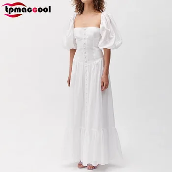 

Tpmaccool luxury designer women vintage 2020 Summer New Puff Sleeve off Shoulder Single-Breasted Holiday Long maxi party Dress