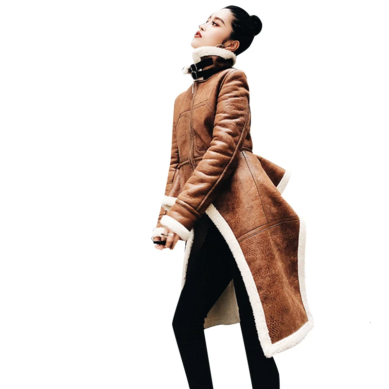 CHICEVER Необычные флисовые пальто из искусственной кожи с высоким воротом на молнии средней длины длинное зимнее толстое асимметричное Женское пальто большого размера