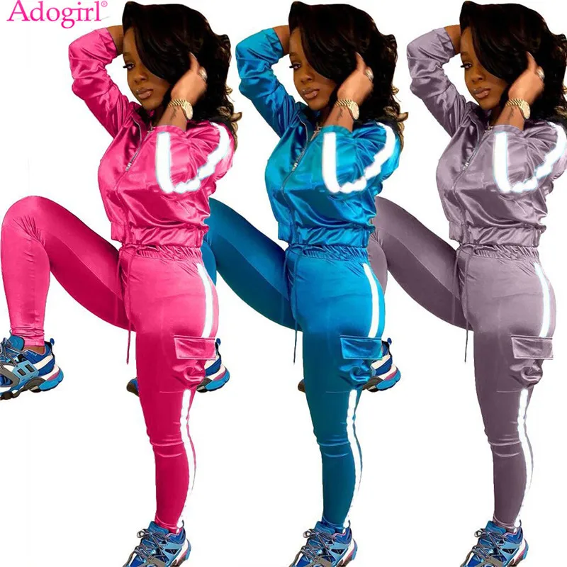 Adogirl Reflective Strap Patchwork Women Tracksuit Casual Two Piece Set Long Sleeve Short Jacket Top Pockets Pants Sportswear Adogirl Reflective Strap Patchwork Women Tracksuit Casual Two Piece Set Long Sleeve Short Jacket Top Pockets Pants Sportswear