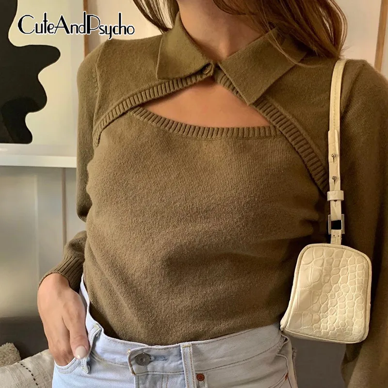 

Autumn Hollow Out Solid Knit Sweater Female Vintage Turn-down Neck Basic Pullovers Streetwear Korean Jumper Tops Cuteandpsycho