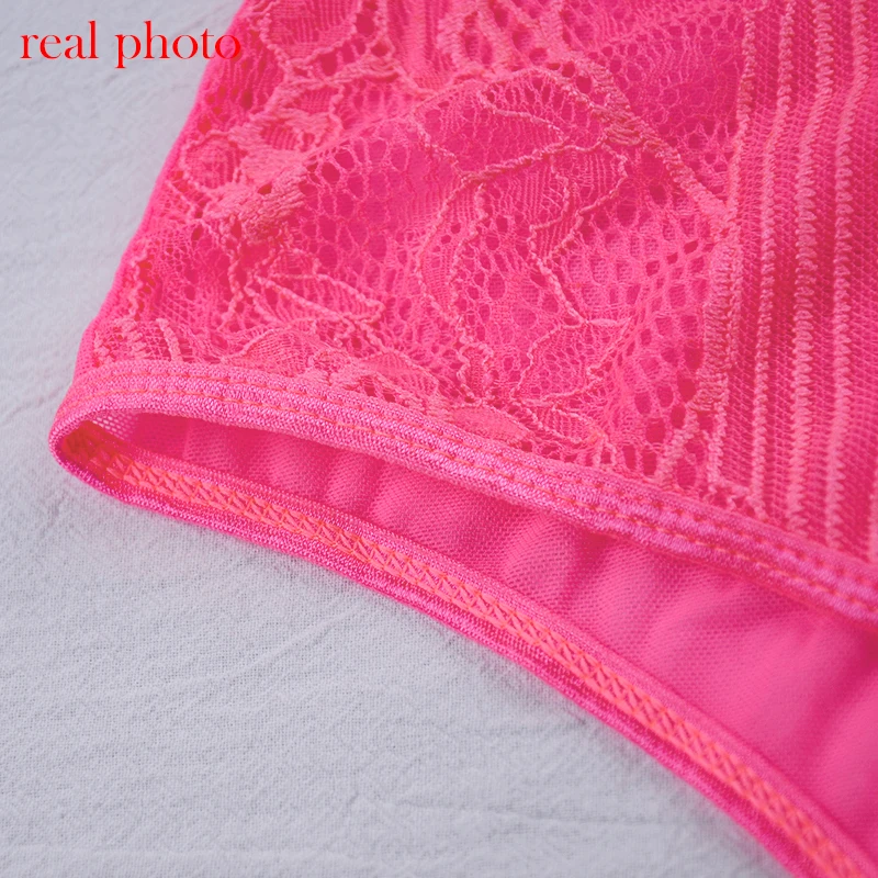 Ellolace Neon Pink Lace Mesh Bodysuit Women Sexy Transparent Summer Backless Bodycon Overalls Female New Slim Black Bodys