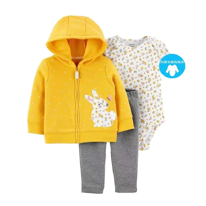 

Baby Girl Clothes Set Long Sleeve Cartoon rabbit hooded jacket+romper+pant 2021 spring newborn boy outfit 6-24M COTTON