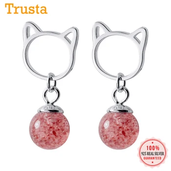 

Trustdavis 100% 925 Sterling Silver Cute Pink Strawberry Crystal Cat Stud Earrings For Fashion Women Girls Jewelry Gift DA43