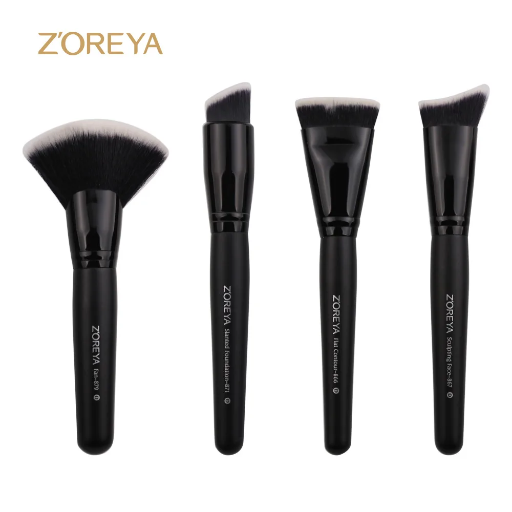Best selling 4 artificial fiber beauty tools black wooden handle makeup set