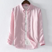 Новая стильная Однотонная рубашка с длинными рукавами для мужчин, розовые модные рубашки для мужчин, Повседневная и деловая льняная хлопковая рубашка, мужские топы, сорочка