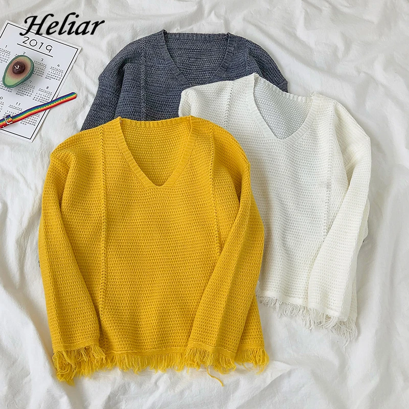 Heliar V neck Knitting Tassel Hem Pullovers 2019 Winter Female Long Sleeve Loose Sweater For Women Fall Fashion Casual Sweaters | Женская