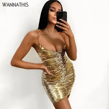 

WannaThis Gold V-Neck Spaghetti Strap Mini Dresses Summer Slim Ruched Fashion Sexy Clubwear Women Summer Party Bodycon Dresses