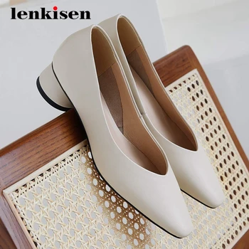 

Lenkisen hot concise style full grain leather gorgeous dress small square toe med round heel slip on office lady women pumps L98