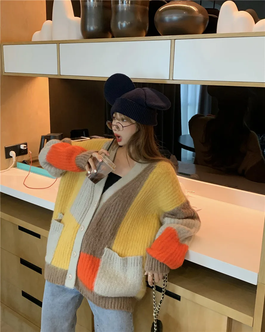 

GRUIICEEN Women Knitted Cardigan Sweater with Pockets V-neck Single Breasted Mohair Sweater Coat Feminino