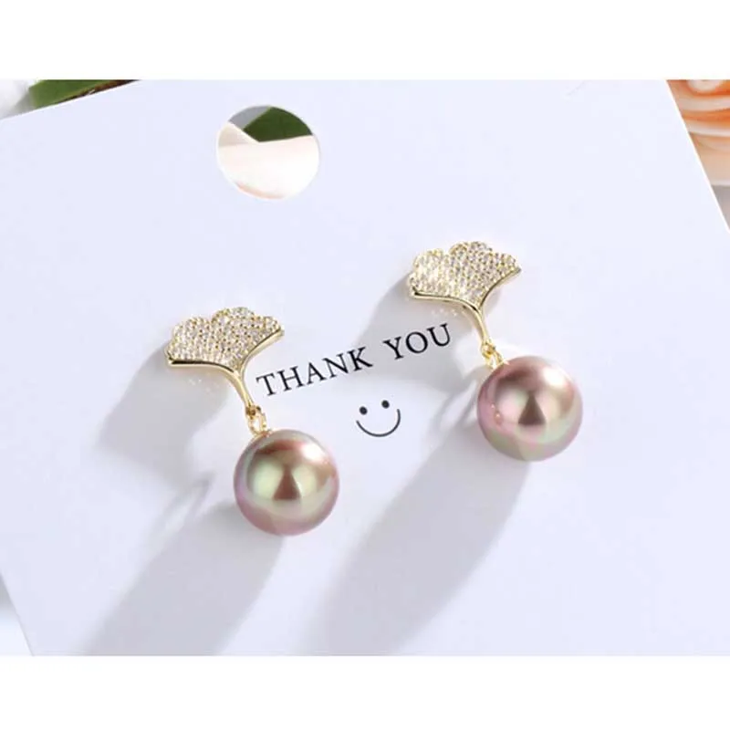 

New Arrival Cubic Zircon Gingko Shaped Freshwater Pearl 925 Sterling Silver Stud Earrings For Women Fashion Jewelry Party Gifts