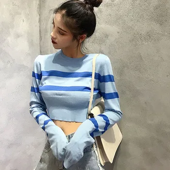 

Autumn Fashion Stripe Long Sleeve Knitted Pullovers Top Women New Korean Loose Sweater Sexy O-neck Short Sweaters Female