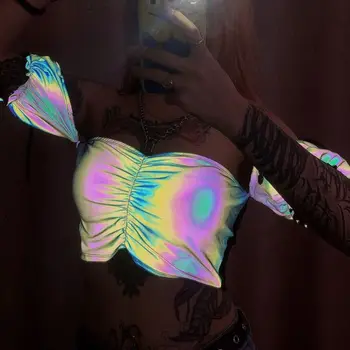 

Fashion Women Sexy Holographic Bralette Crop Top Strap Reflective Fashion Camis Hot Summer 2020 Off Shoulder Backless Tank Tops