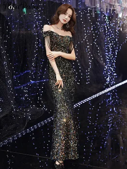 

Sequined Evening Gowns 2020 Sexy Boat Neck Off The Shoulder Floor-length Long Women Mermaid Dresses For Prom