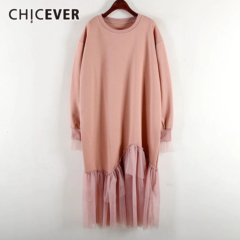 CHICEVER Korean Knitted Dress For Women O Neck Long Sleeve Oversize Loose Patchwork Mesh Dresses Female Autumn Fashion New