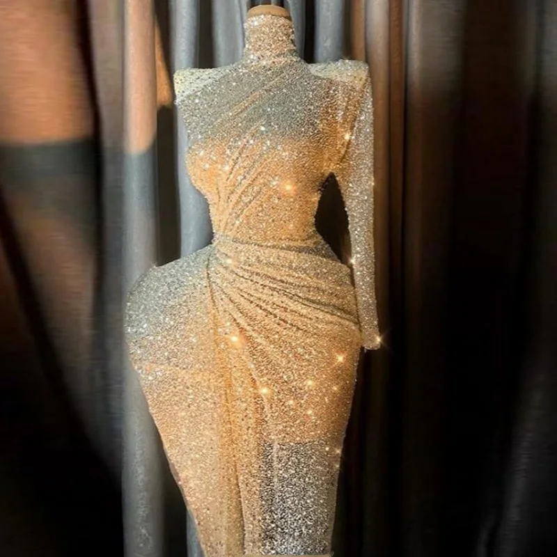 

Stunning Evening Dress One Shoulder Pleat Floor Length Slit robe de soiree High Neck Formal Dress Sequin Custom abendkleider